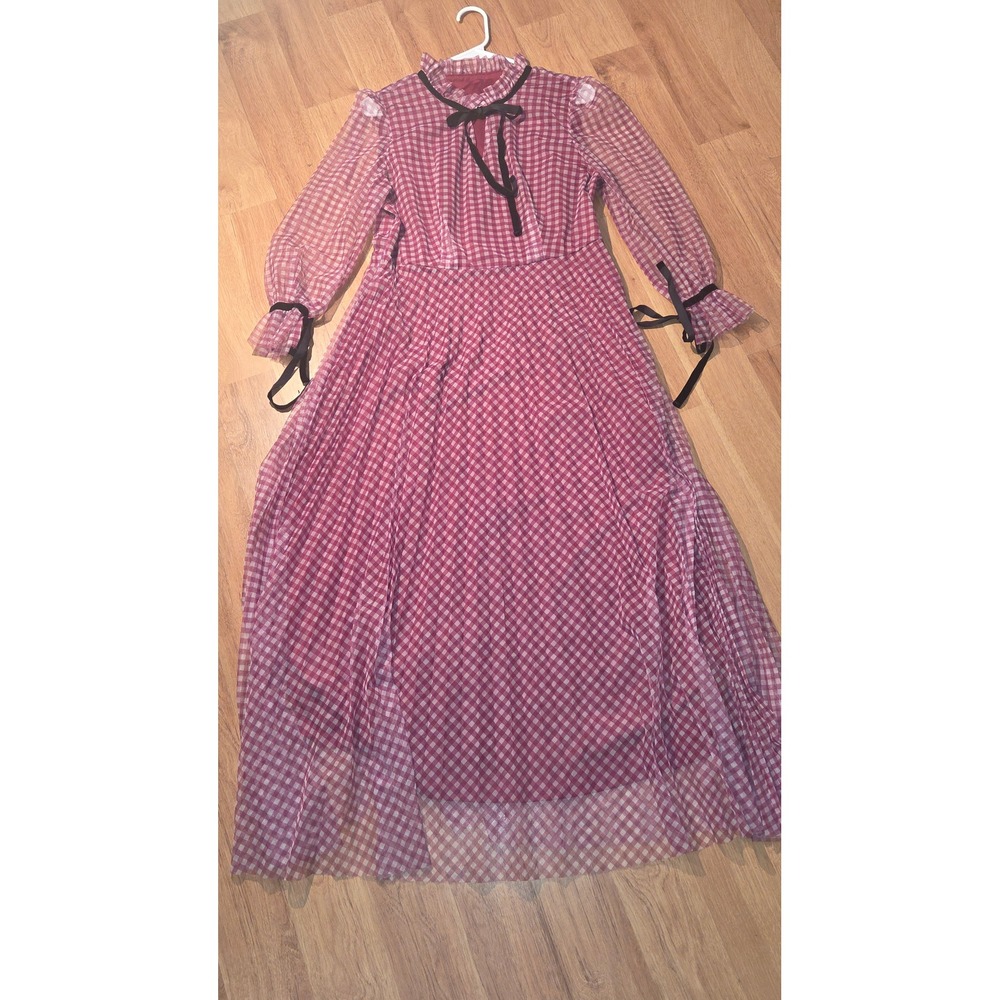 Shein Curve Pink Gingham Mesh Maxi Dress Tie Neck Long Sleeve 0XL Plus Size